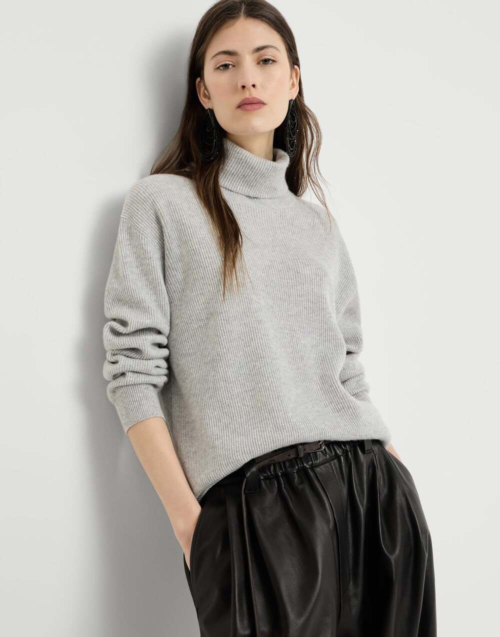 Brunello Cucinelli Cashmere Turtleneck Sweater Womens XS Grey Ribbed Monili Trim